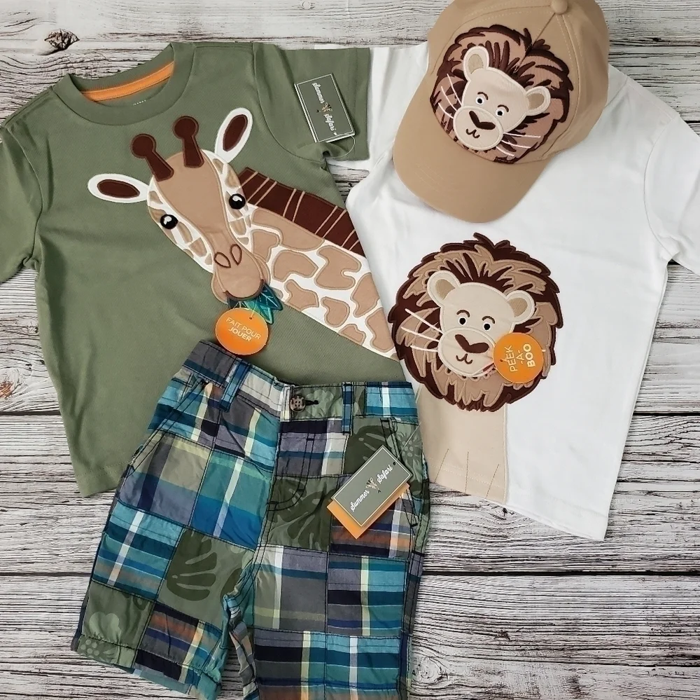 Gymboree Summer Safari Outfit Giraffe Lion T-Shirt Shorts Cap Outfit